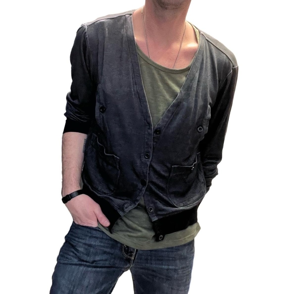 Premium Evolution Mens Gray Black Button Front Ribbed Cardigan Size Medium